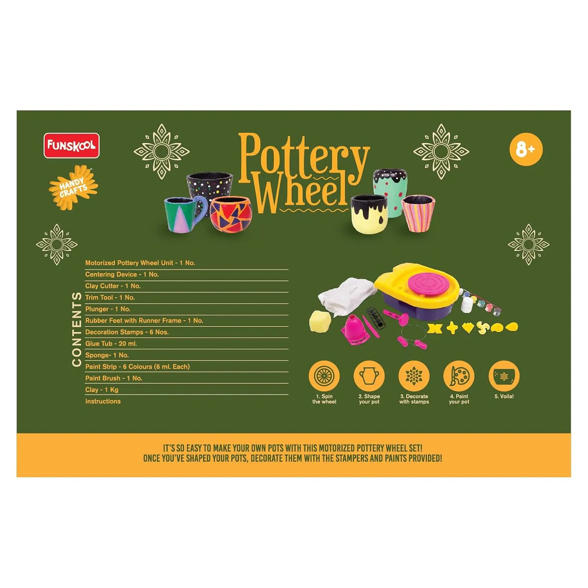 Funskool Handy Crafts Motorized Pottery Wheel DIY Activity Kit with 1 Kg Clay & Paints (Ages 8+)