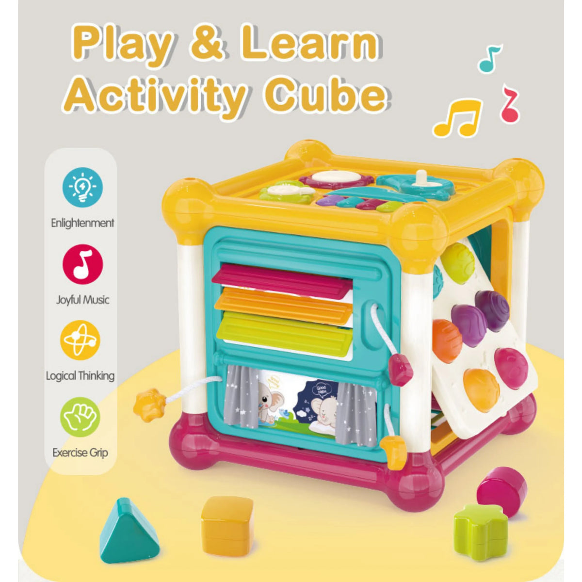 Play & Learn Musical Activity Cube Toy with Shape Sorter & Sensory Board.