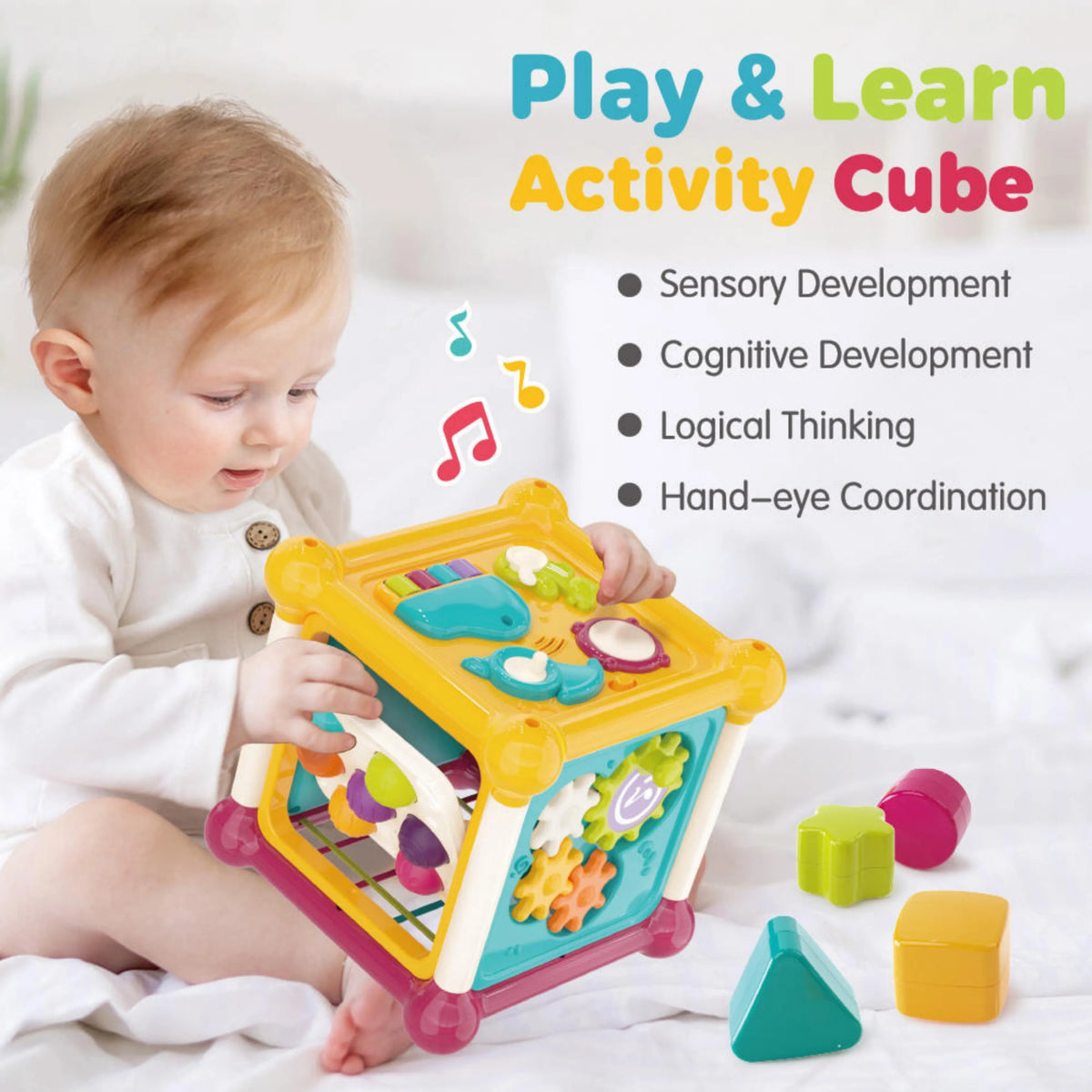 Play & Learn Musical Activity Cube Toy with Shape Sorter & Sensory Board.