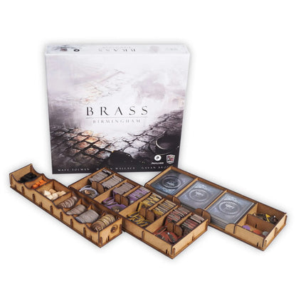 Brass: Birmingham board game box and components showing the industrial map, player boards, and resource tokens.