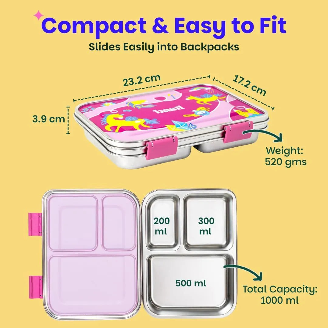 Basil Bento Neo 3-Compartment Stainless Steel Lunch Box (1000ml)