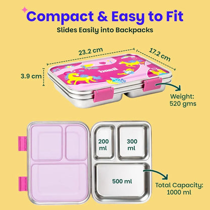 Basil Bento Neo 3-Compartment Stainless Steel Lunch Box (1000ml)