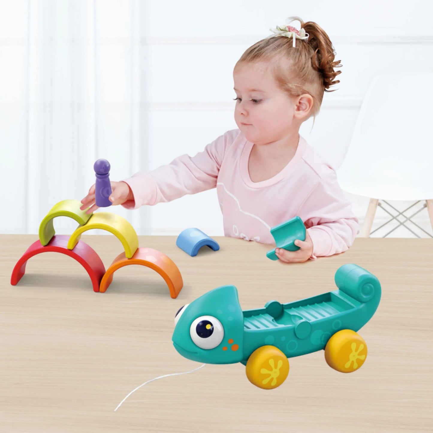 Hola HE795700 Rainbow Chameleon Pull Along & Stacking Toy For 18M+ Ages