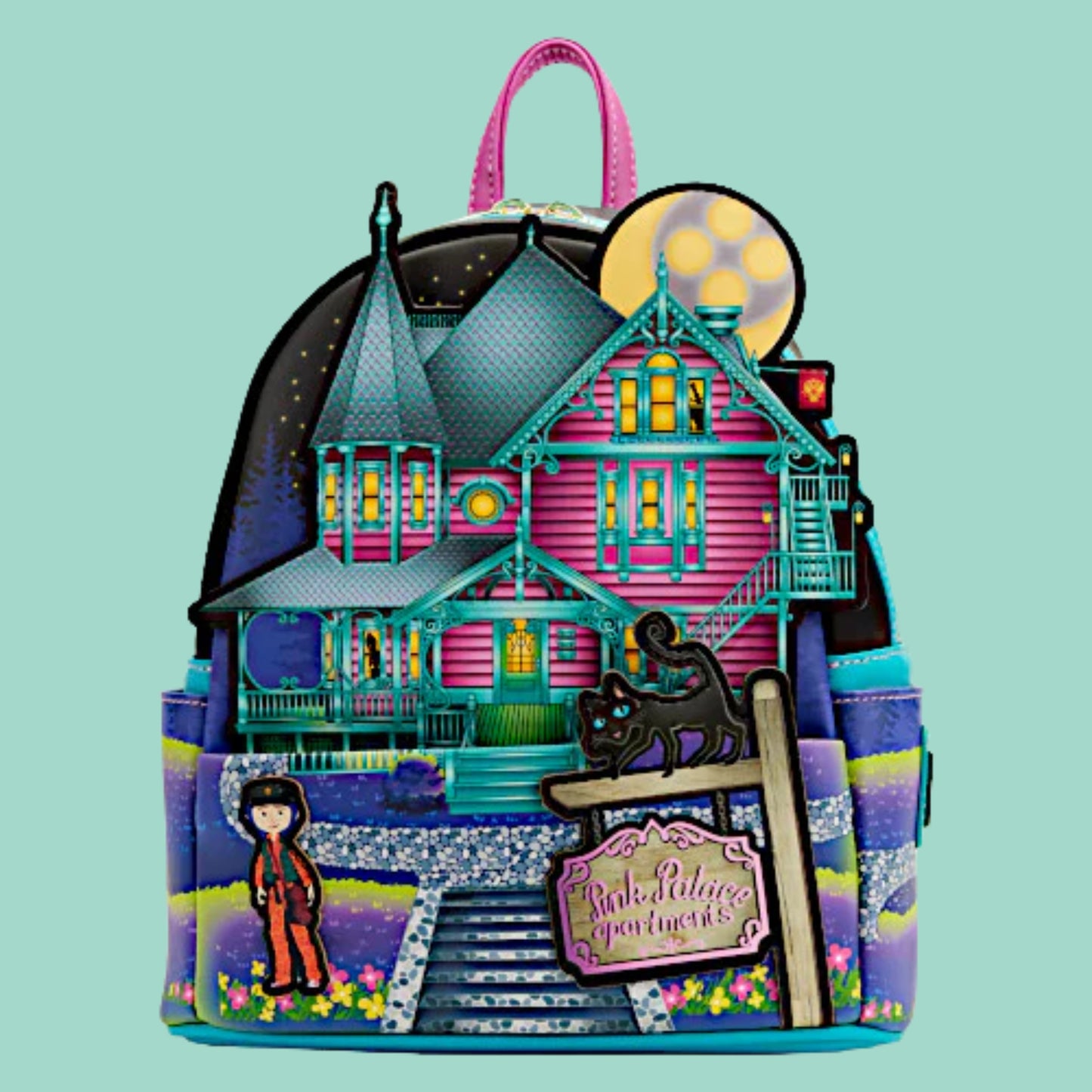 Loungefly Coraline Pink Palace Apartments Glow-in-the-Dark Mini Backpack