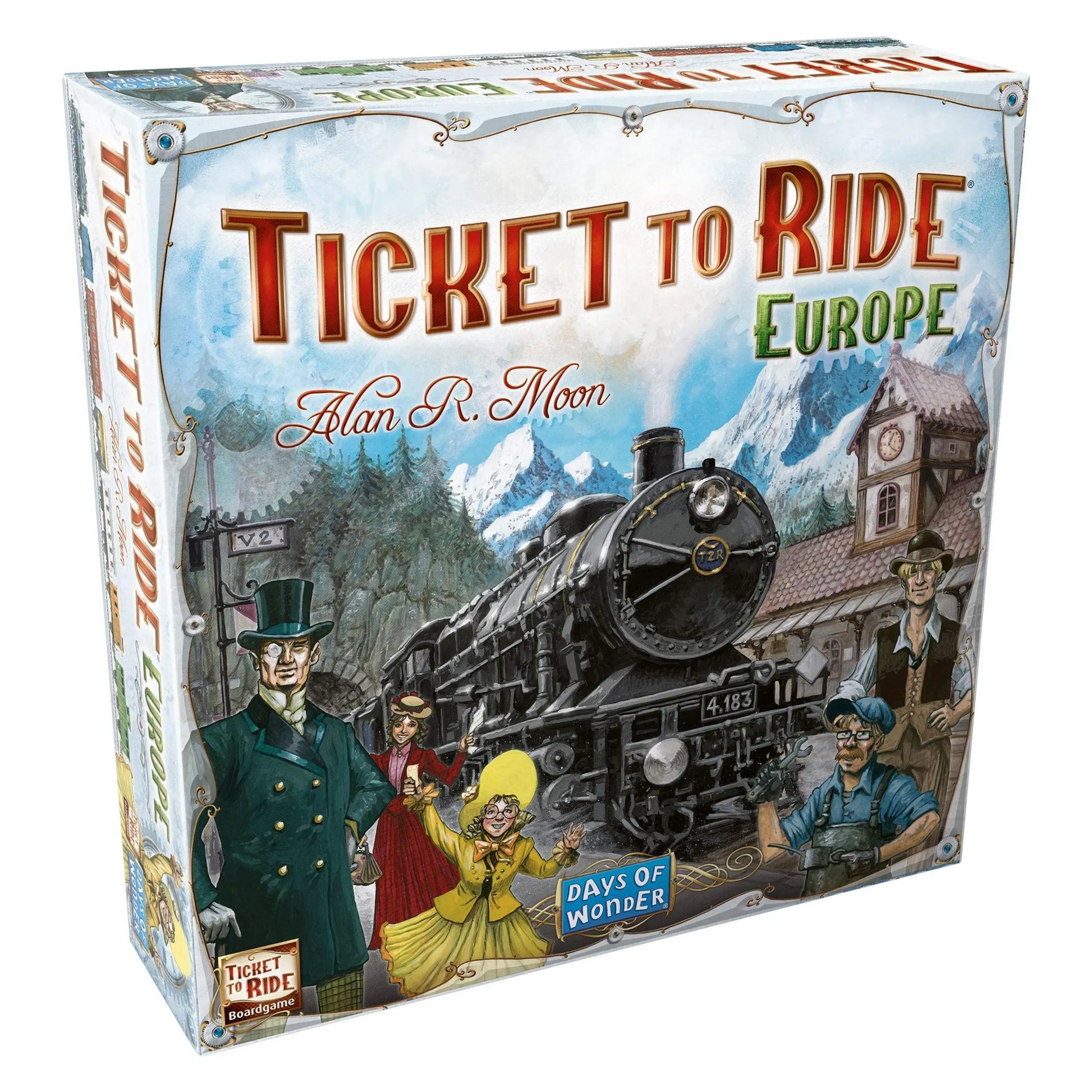 Ticket to Ride Europe board game setup showing the map of Europe covered in colorful plastic train pieces and cards.