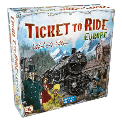 Ticket to Ride Europe board game setup showing the map of Europe covered in colorful plastic train pieces and cards.