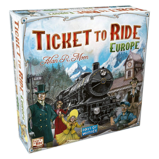 Ticket to Ride Europe board game setup showing the map of Europe covered in colorful plastic train pieces and cards.