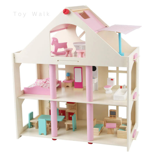 Wooden Doll House with Furniture – 3-Story Playhouse for Kids