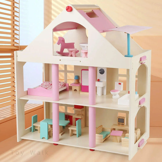Wooden Doll House with Furniture – 3-Story Playhouse for Kids