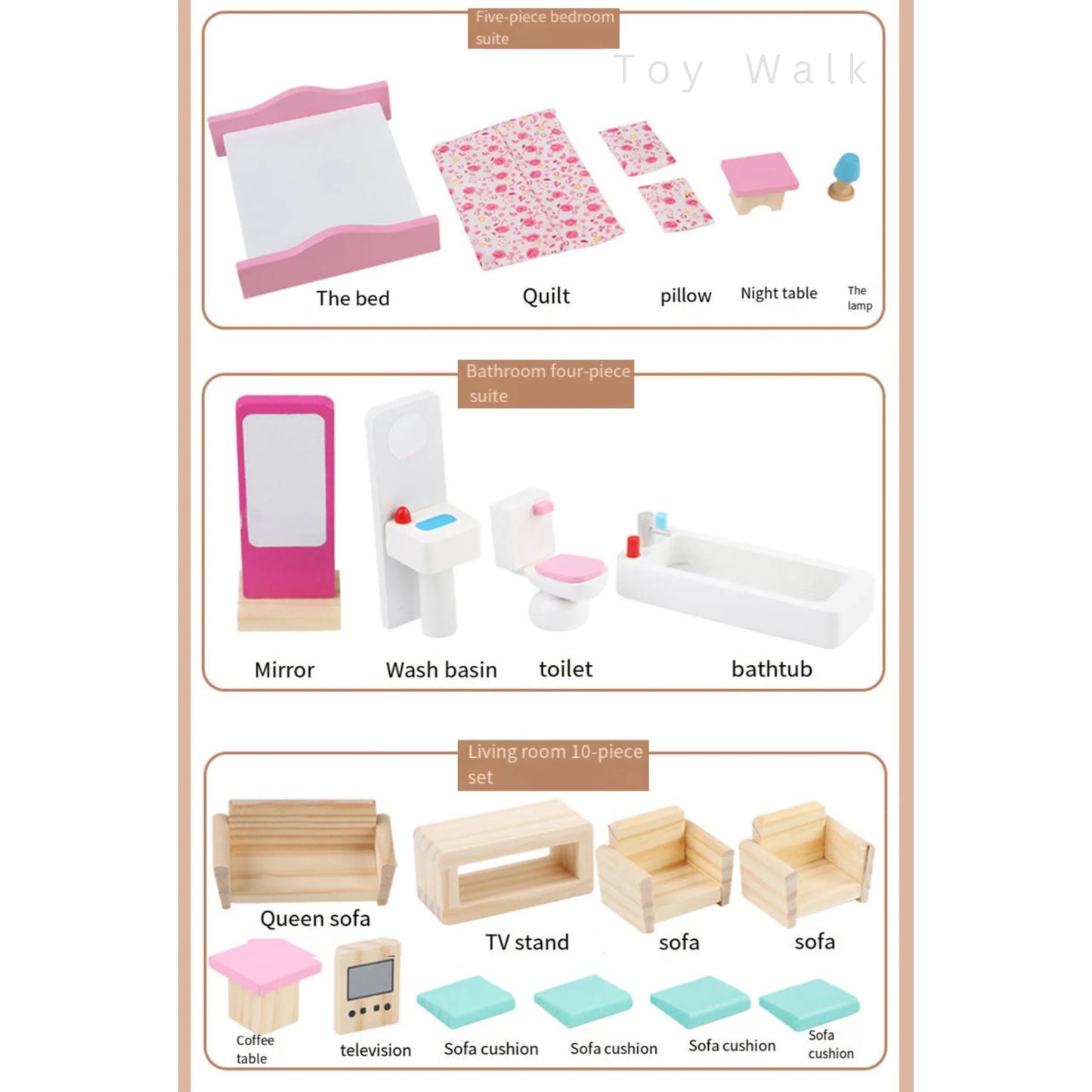 Wooden Doll House with Furniture – 3-Story Playhouse for Kids
