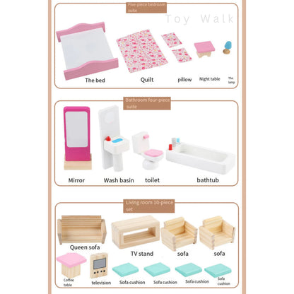 Wooden Doll House with Furniture – 3-Story Playhouse for Kids