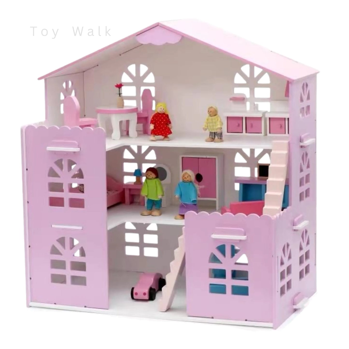 Wooden Doll House 3-Storey Family Playset with Dolls & Furniture