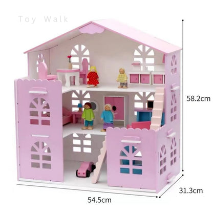 Wooden Doll House 3-Storey Family Playset with Dolls & Furniture