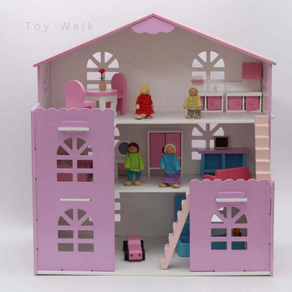 Wooden Doll House 3-Storey Family Playset with Dolls & Furniture