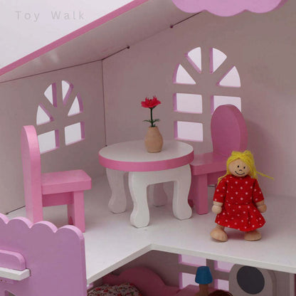 Wooden Doll House 3-Storey Family Playset with Dolls & Furniture