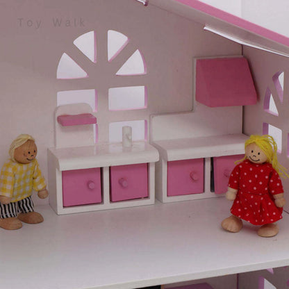 Wooden Doll House 3-Storey Family Playset with Dolls & Furniture