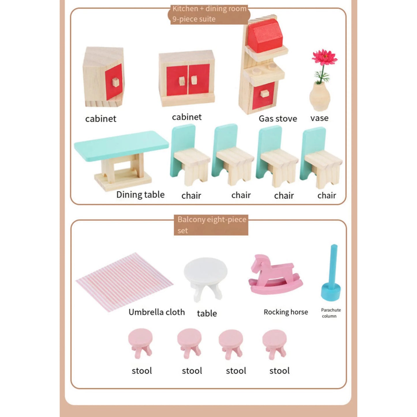 Wooden Doll House with Furniture – 3-Story Playhouse for Kids