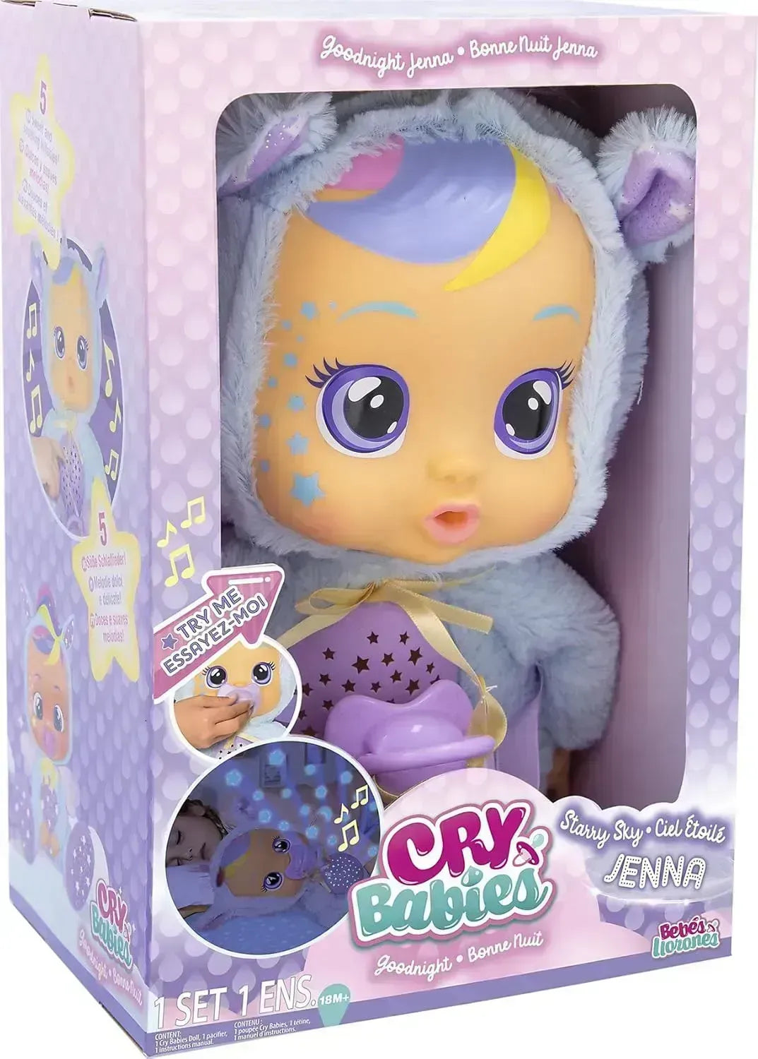 Cry Babies Goodnight Starry Sky Jenna | Soft Doll Sleep Remover, Crying LED Tears and Projects Stars with Relaxing Music - Gift for Girls