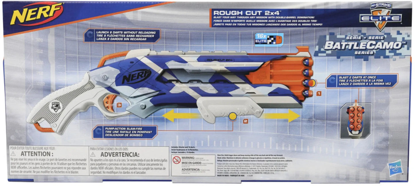 Nerf N-Strike Elite Rough Cut 2x4 Battle Camo Series Dart Blaster, 16 Battle Camo Series Darts, Slam Fire, 8Y+