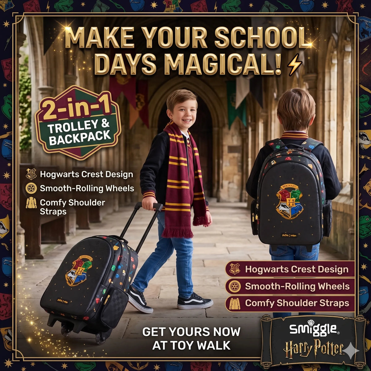 Smiggle Kids 2-in-1 Rolling Trolley Bag & School Backpack