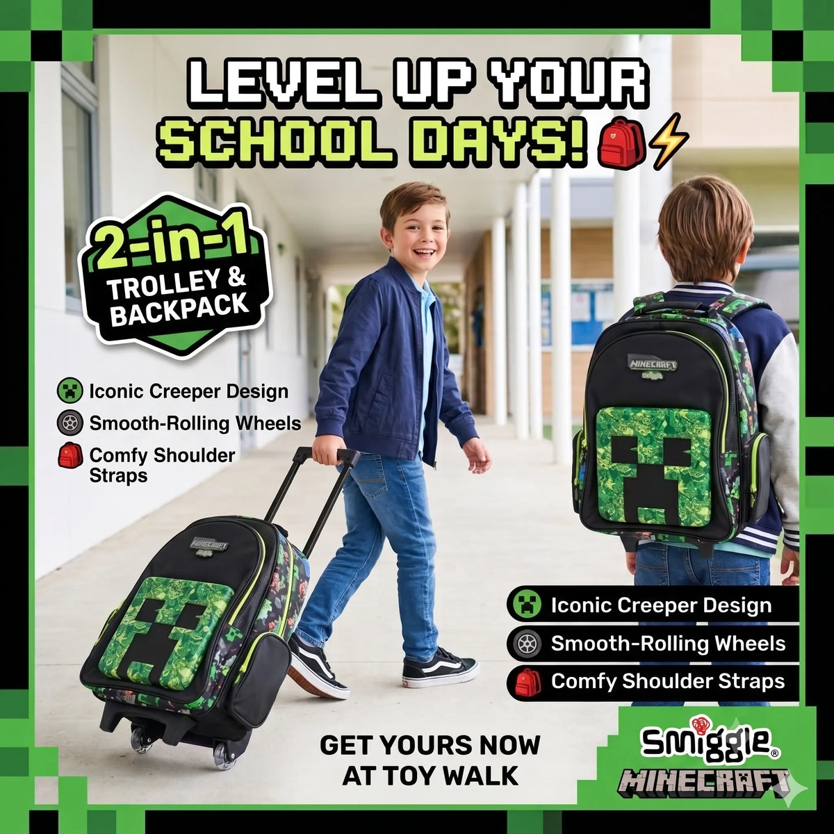 Smiggle Kids 2-in-1 Rolling Trolley Bag & School Backpack