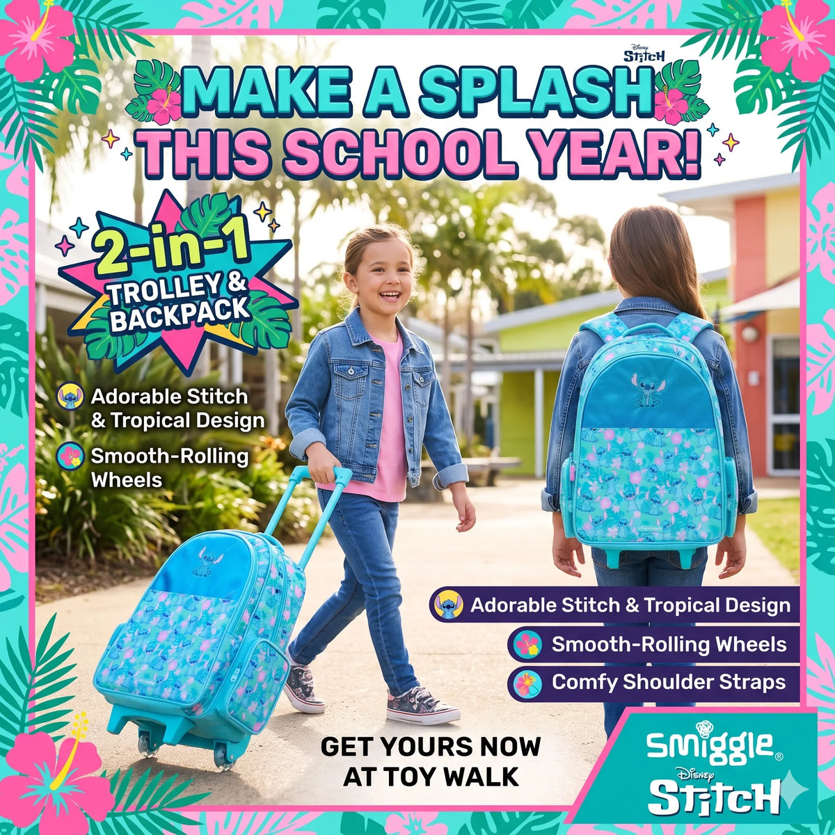 Smiggle Kids 2-in-1 Rolling Trolley Bag & School Backpack